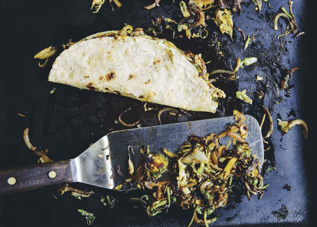 Nopalito's Quesadillas with Brussels Sprouts and Cascabel Chile Oil | TASTE