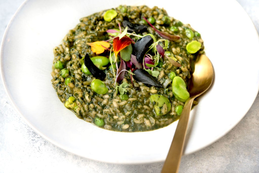 Spring Green Risotto With Black Garlic