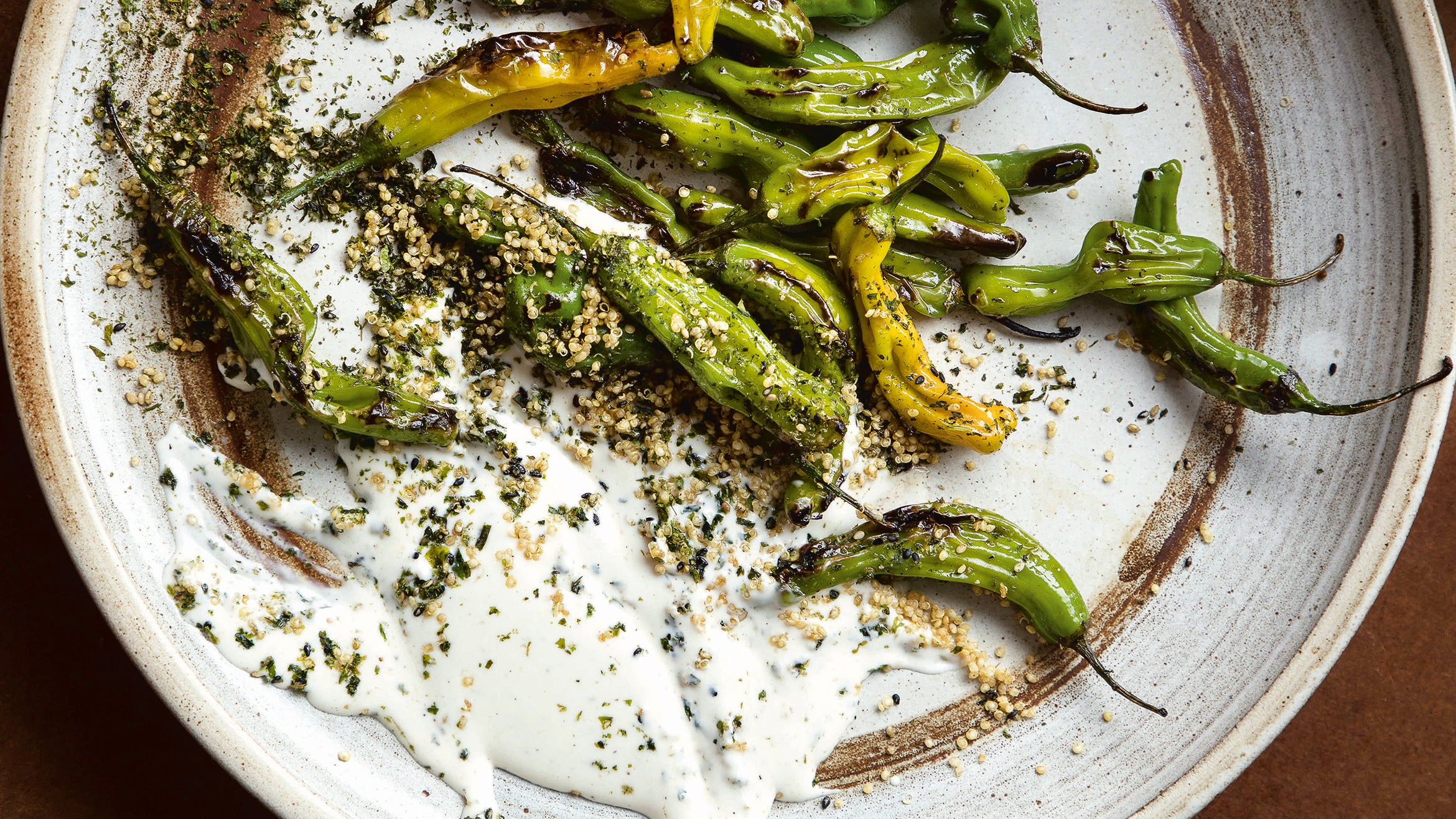 Blistered Shishitos with Furikake Ranch and Crispy Quinoa TASTE