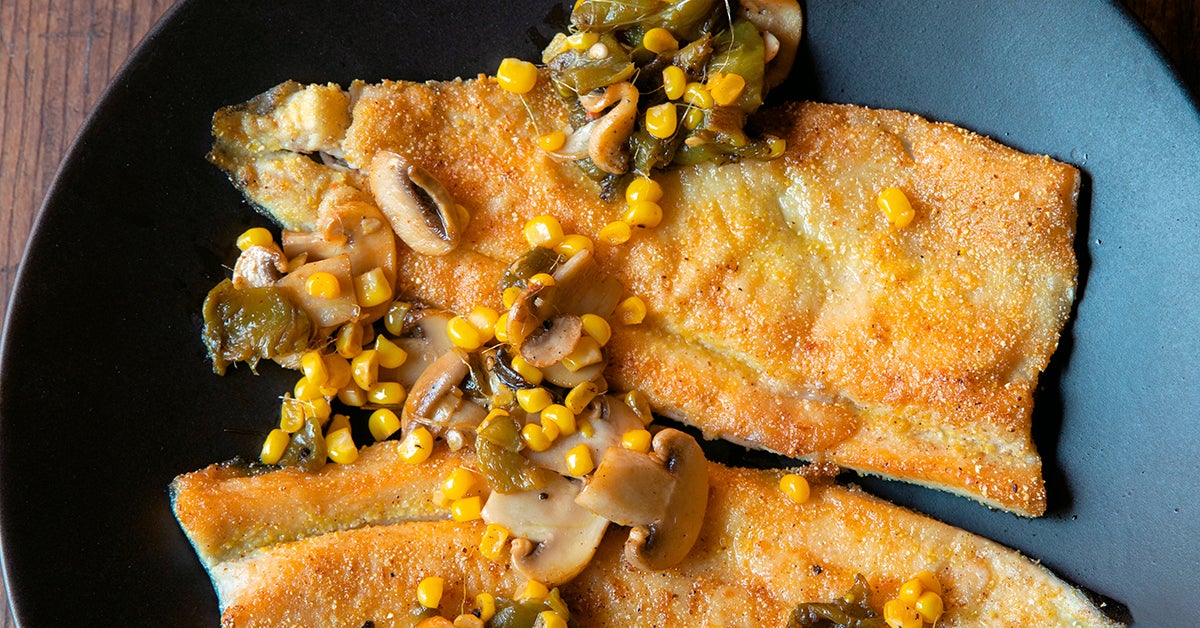 Cornmeal Crusted Walleye with Roasted Corn and Green Chiles TASTE
