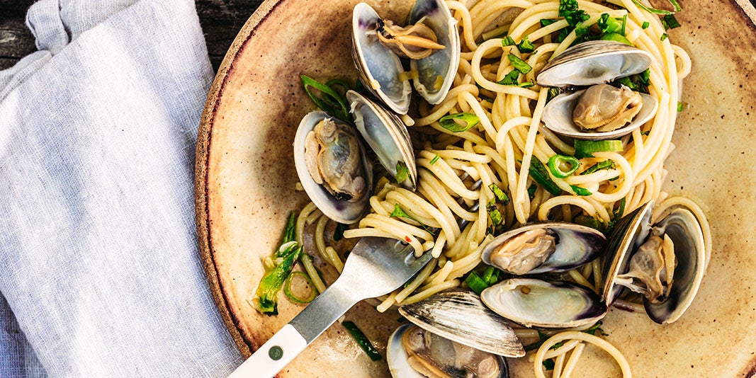 Spaghetti & Clams with Preserved Lemon, Scallions & Mint | TASTE